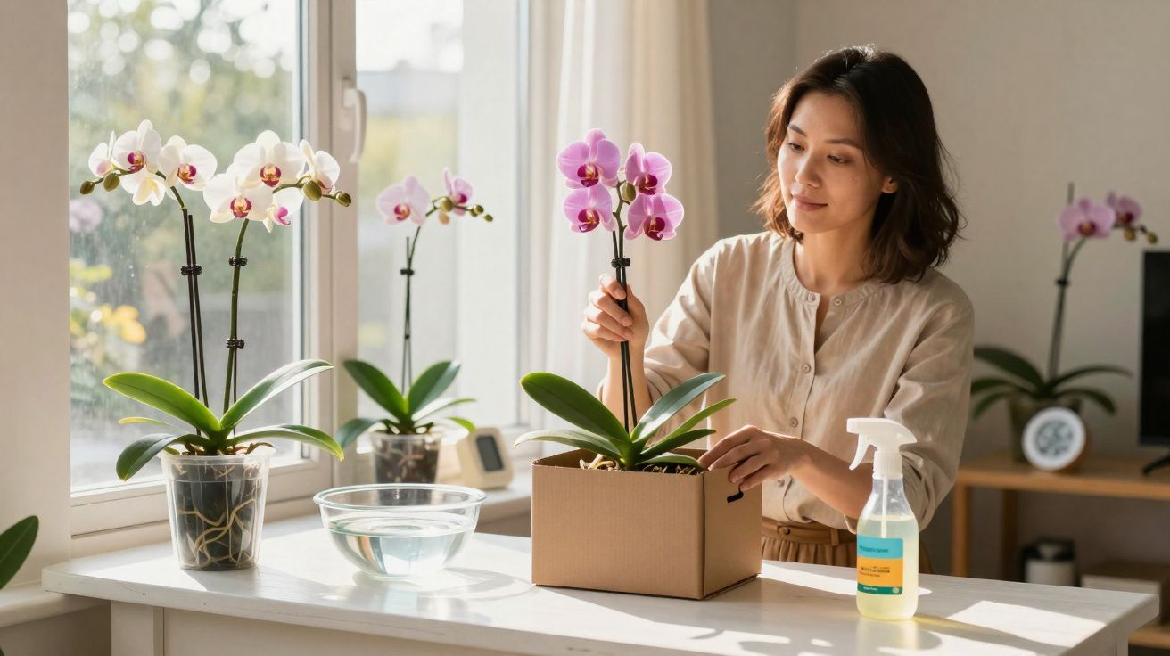 Mulher cuidando de orquídeas em vaso dentro de casa próximo à janela em ambiente iluminado.