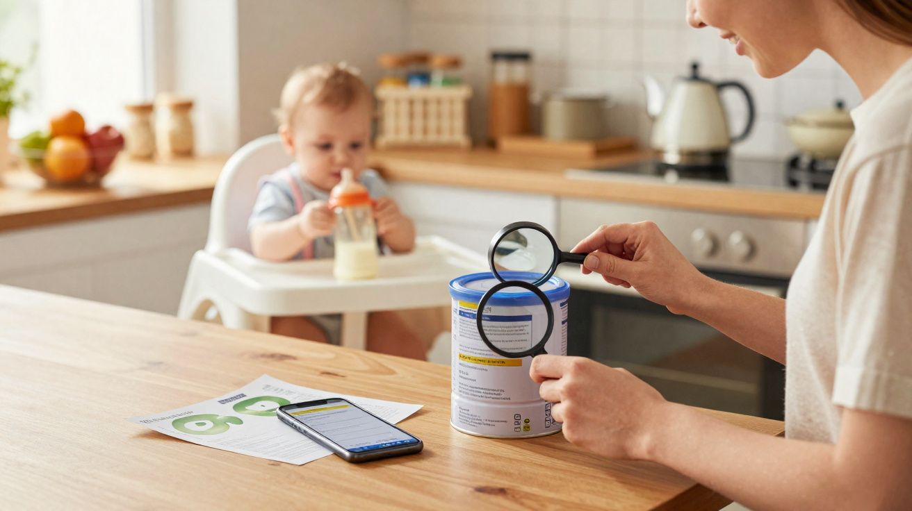 Mulher lê rótulo de fórmula infantil com lupa enquanto bebê bebe mamadeira no fundo da cozinha.
