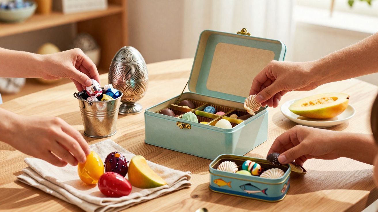 Mãos pegando chocolates e ovos decorativos sobre mesa de madeira com caixas e frutas.