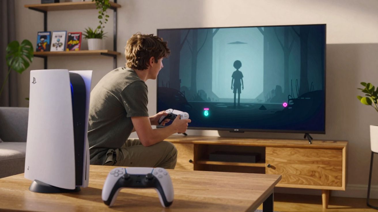 Jovem jogando videogame em TV grande, com console e controle PlayStation 5 em sala de estar moderna.