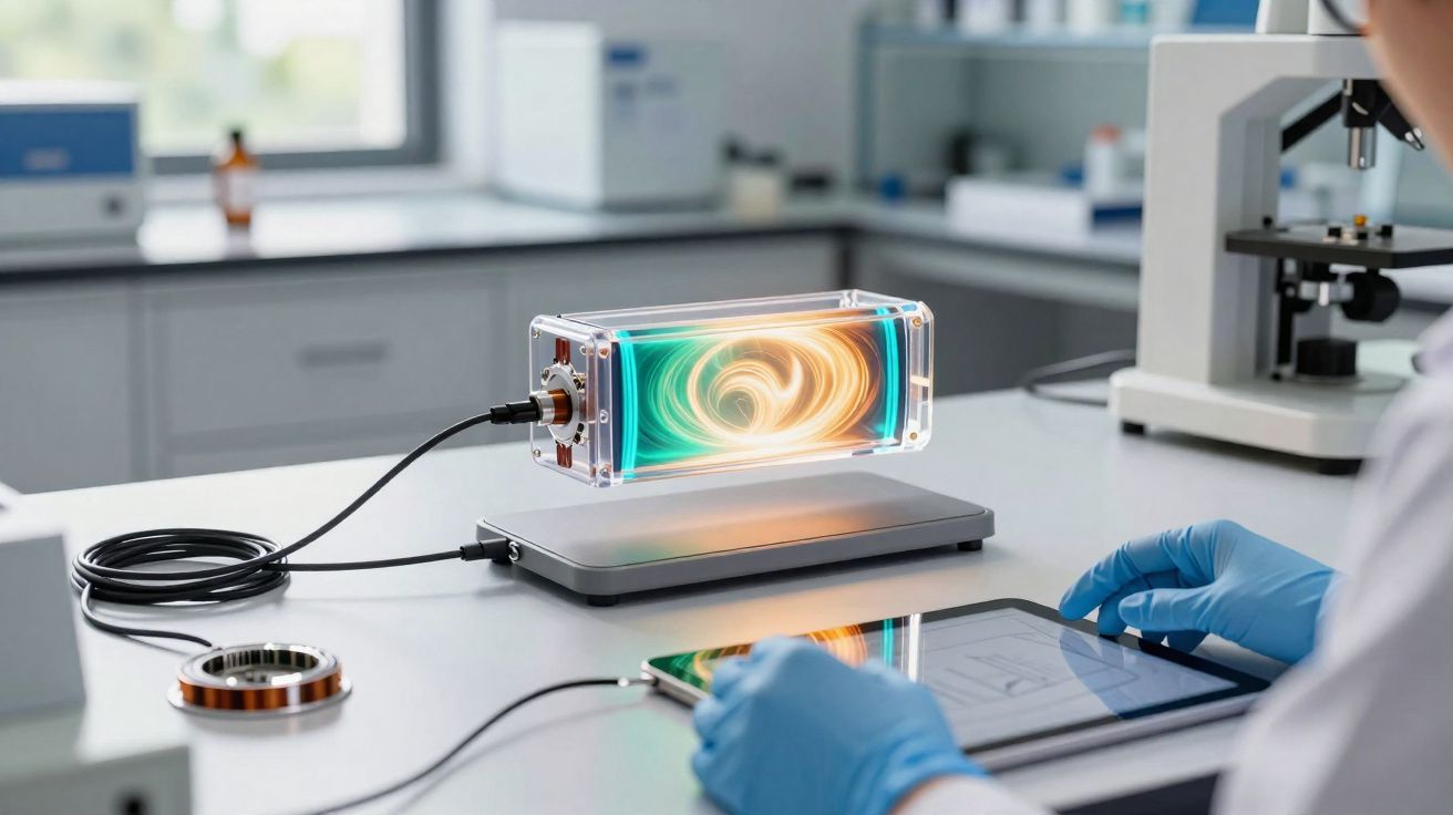 Dispositivo tecnológico transparente com luzes coloridas sobre mesa de laboratório, ao lado de pessoa usando tablet.