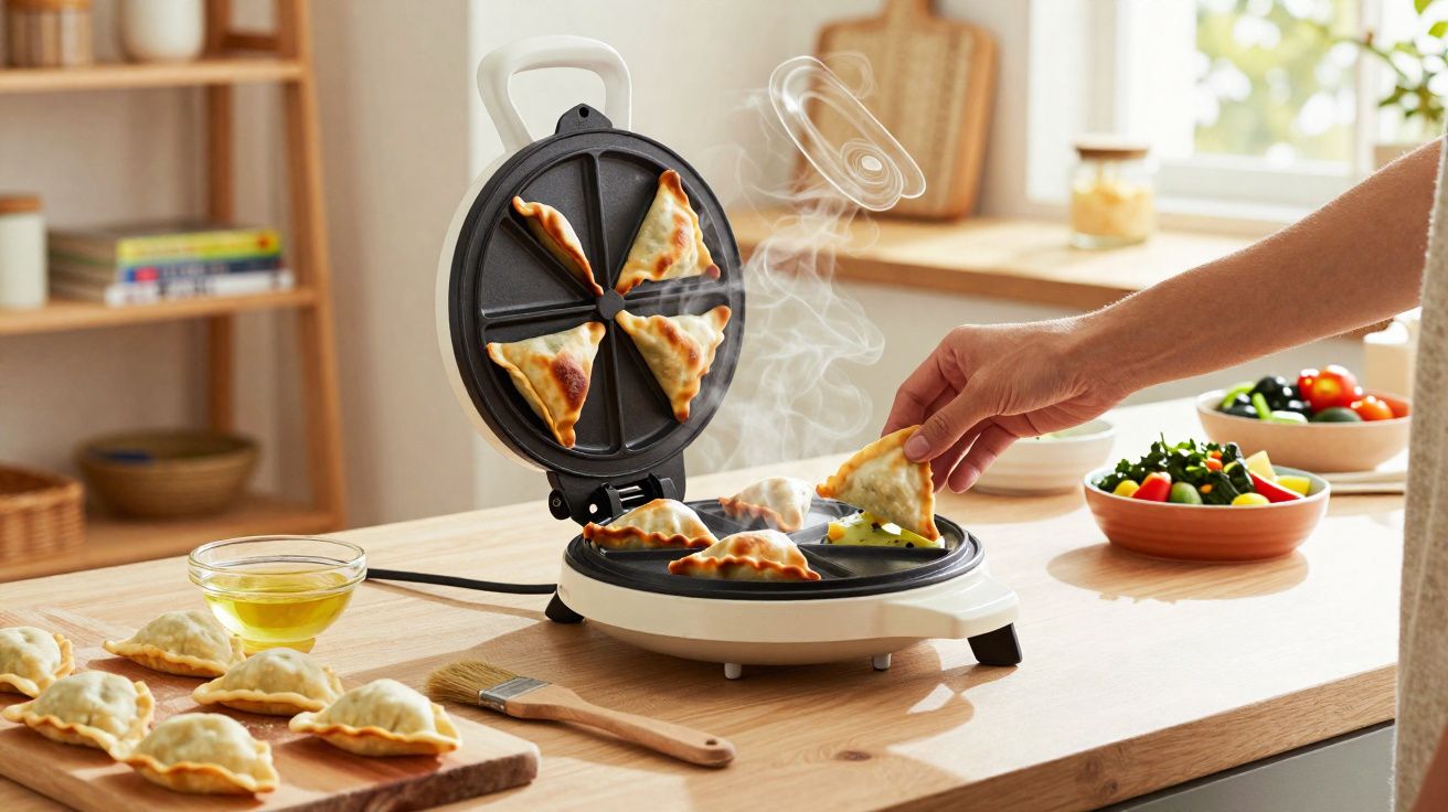 Máquina elétrica assando pastéis triangulares com vapores saindo e mão retirando um pastel.