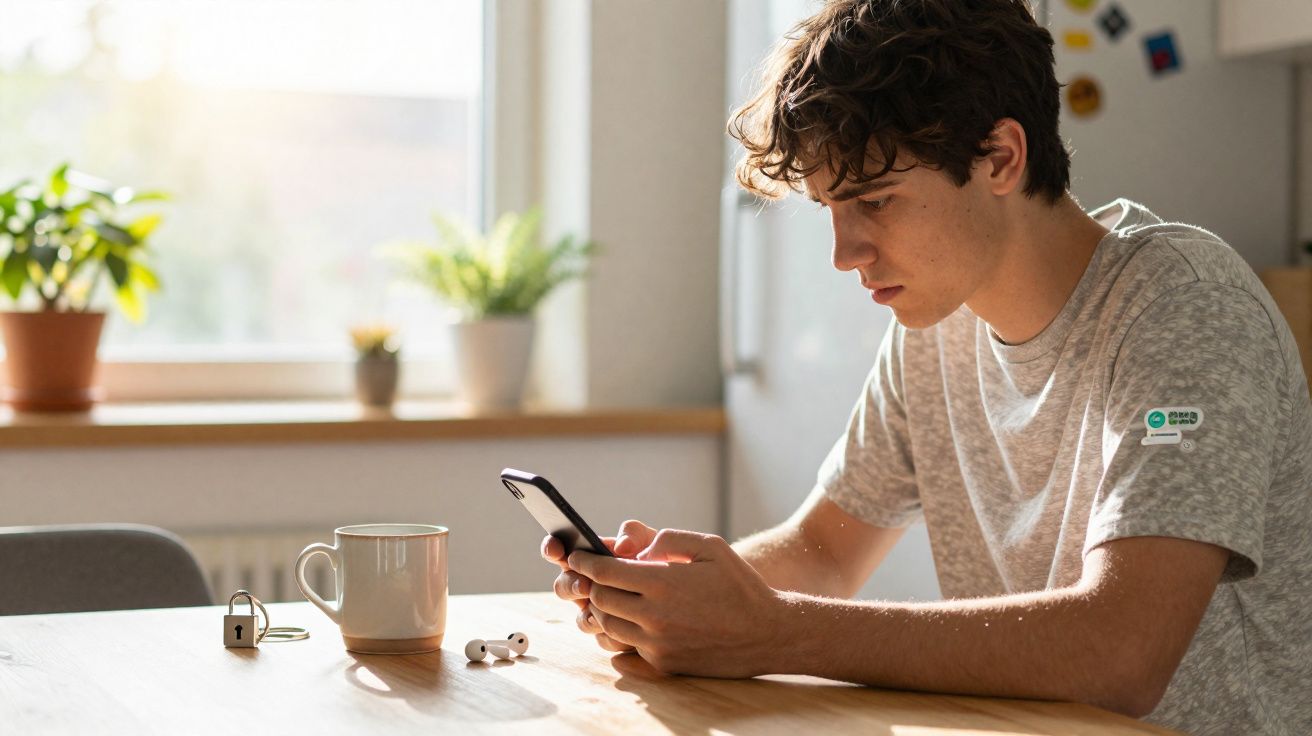 Jovem sentado à mesa usando celular, com caneca, cadeado e fones de ouvido sobre a mesa iluminada.