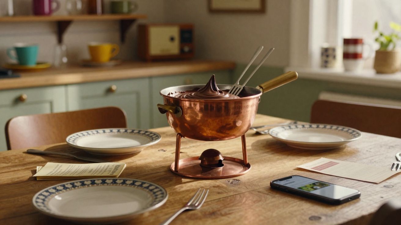 Fonduе de chocolate em panela de cobre no centro de mesa de madeira com pratos e talheres.
