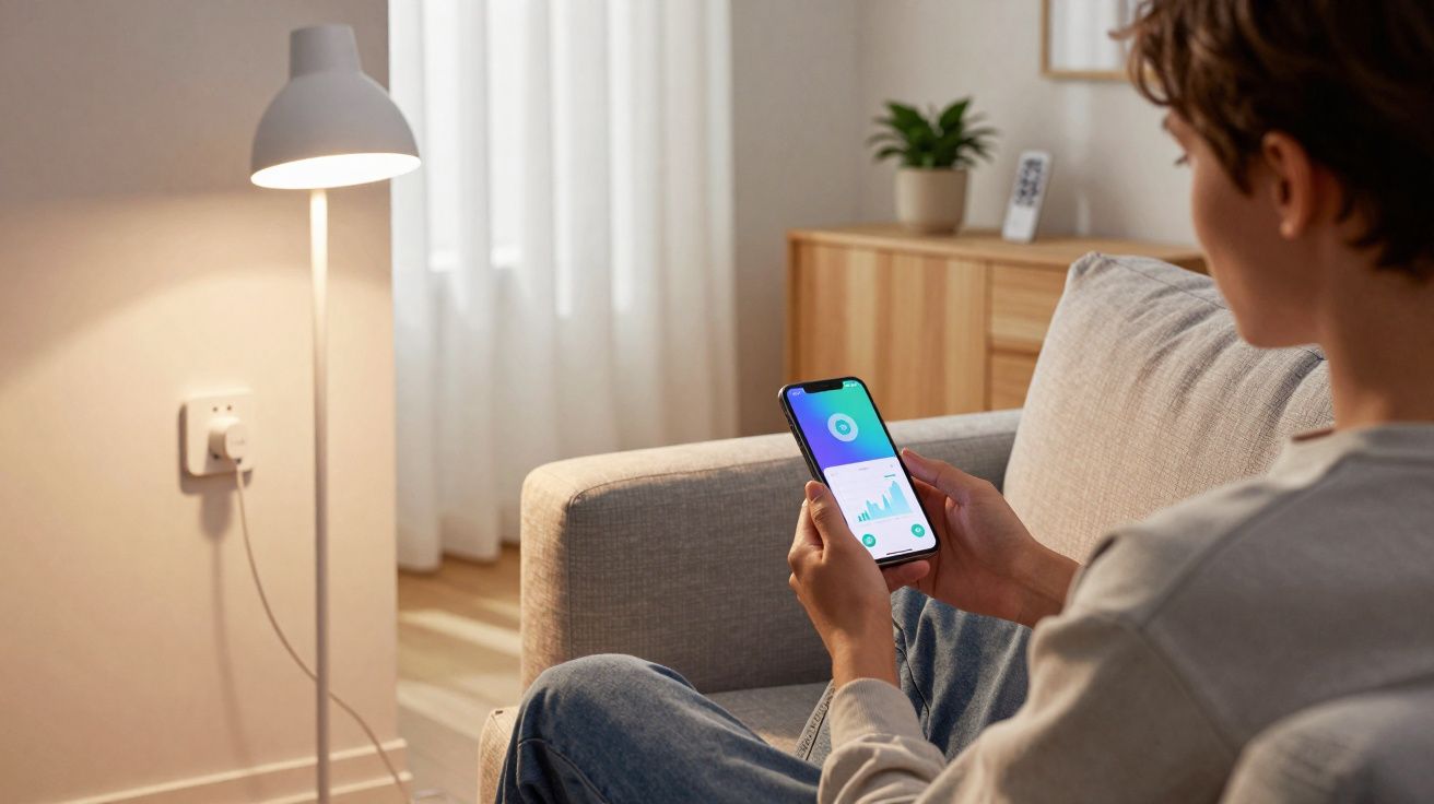 Pessoa sentada no sofá controlando aplicativo de smart home pelo celular.