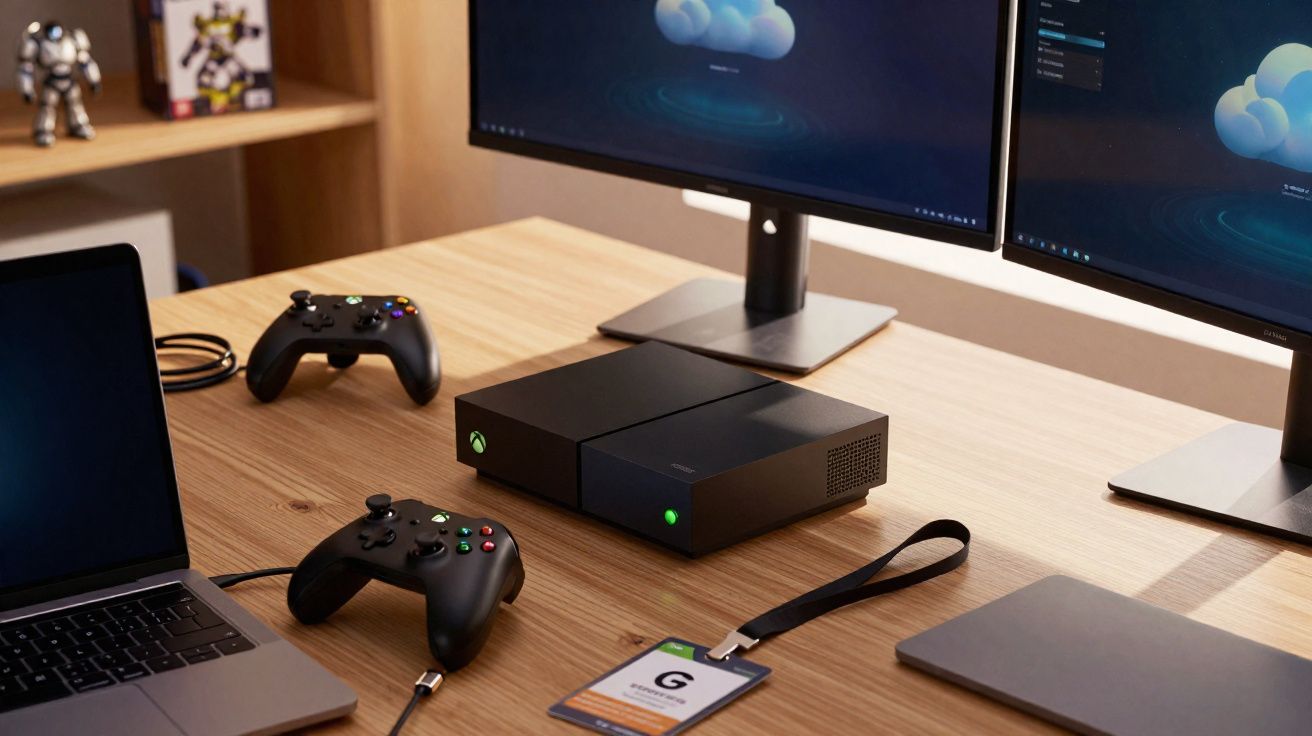 Console Xbox One X com dois controles, laptop e dois monitores em mesa de madeira clara.