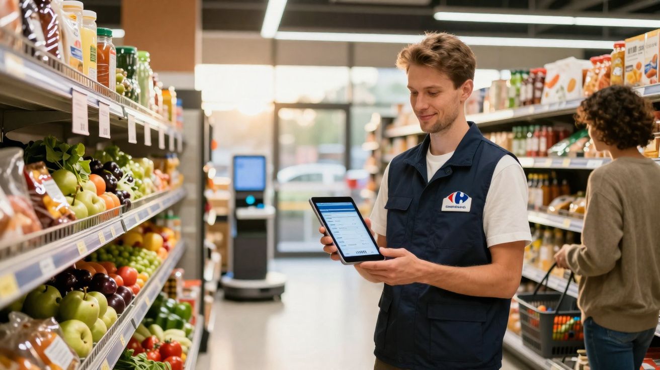 Funcionário do supermercado Carrefour verifica lista em tablet entre gôndolas de frutas e bebidas.