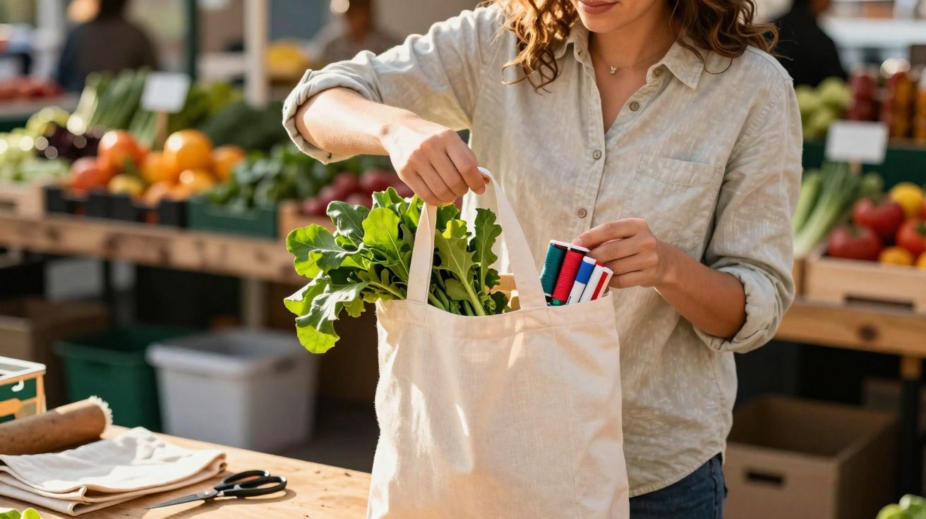 Mulher colocando fios de linha em sacola de tecido com verduras em mercado ao ar livre.
