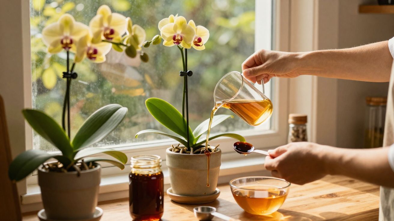 Pessoa regando orquídea amarela com regador em janela com luz natural e pote de mel na mesa.