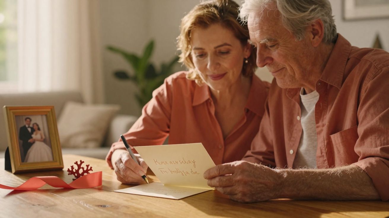 Casal idoso feliz escrevendo um cartão juntos em uma mesa de madeira iluminada pela luz natural.