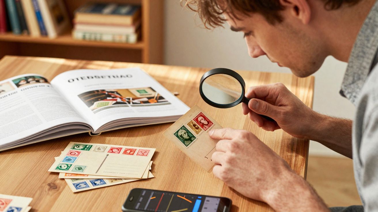 Homem analisando selos postais antigos com lupa em mesa com livro aberto e celular.