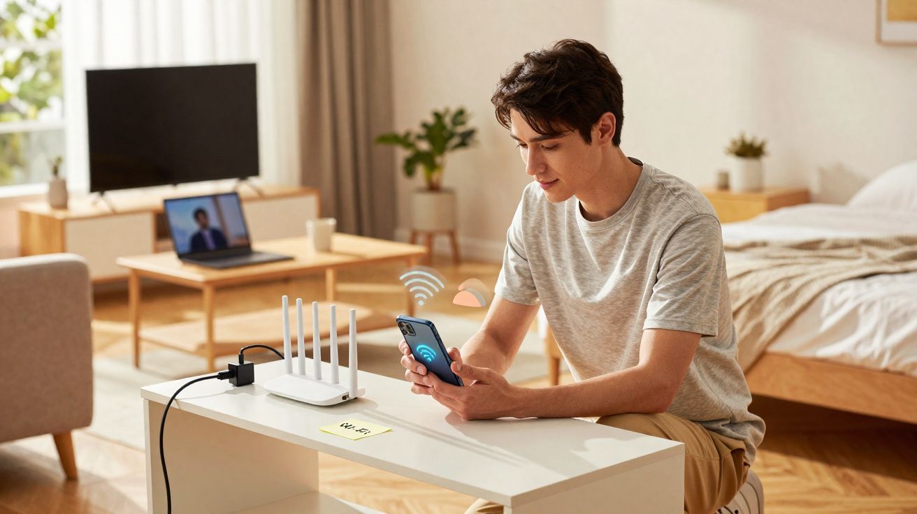 Jovem sentado em quarto com celular na mão, próximo a roteador Wi-Fi sobre mesa branca.