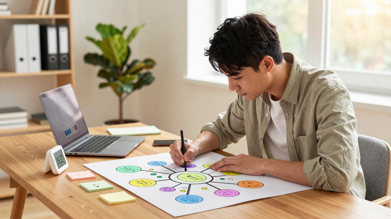 Jovem desenhando diagrama colorido em papel grande em mesa com laptop e post-its em escritório iluminado.