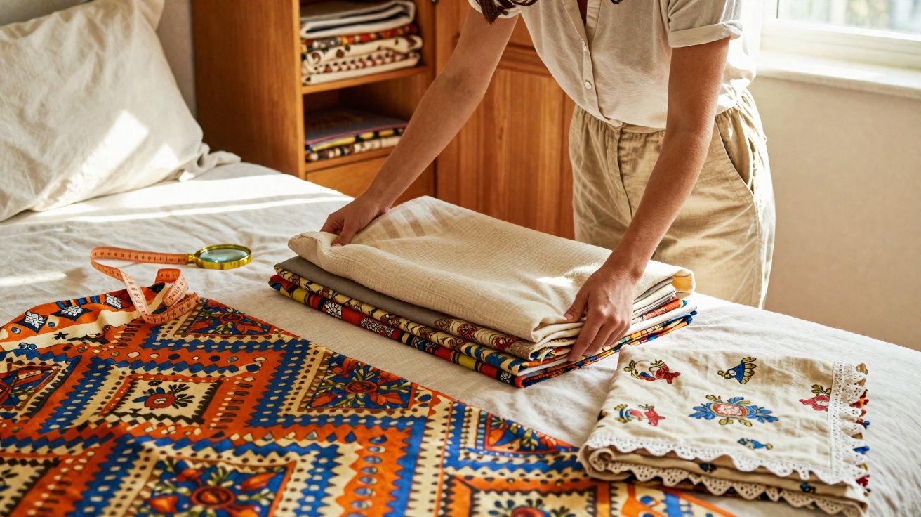 Pessoa dobrando tecidos coloridos e estampados sobre uma cama em ambiente iluminado por luz natural.