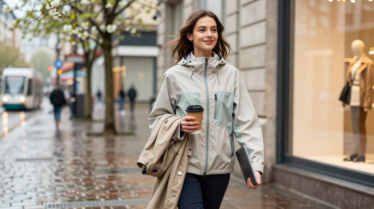 Mulher sorridente caminhando na rua molhada, segurando café e casaco, com janela de loja ao lado.