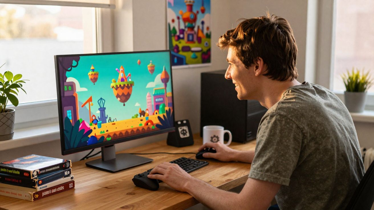 Jovem sentado à mesa jogando videogame colorido no computador em ambiente iluminado por janela.