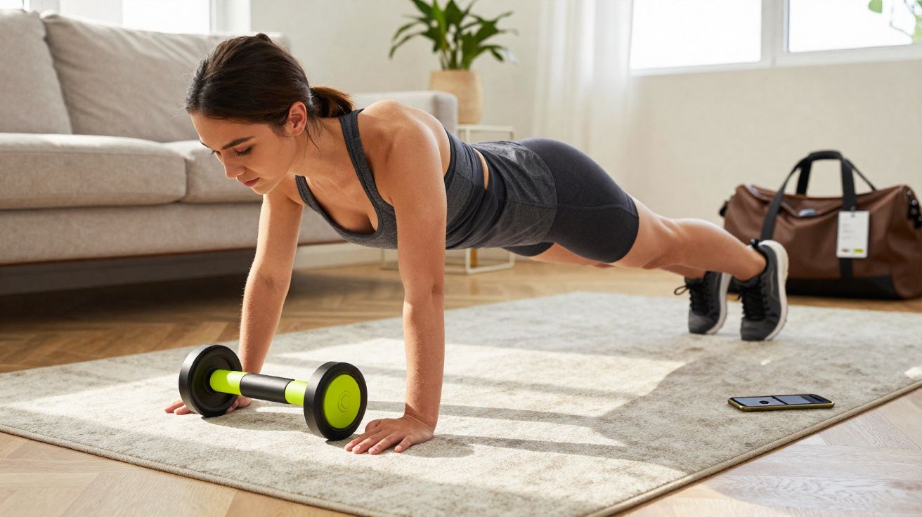 Mulher fazendo prancha com halteres em tapete na sala iluminada, com bolsa e celular ao fundo.