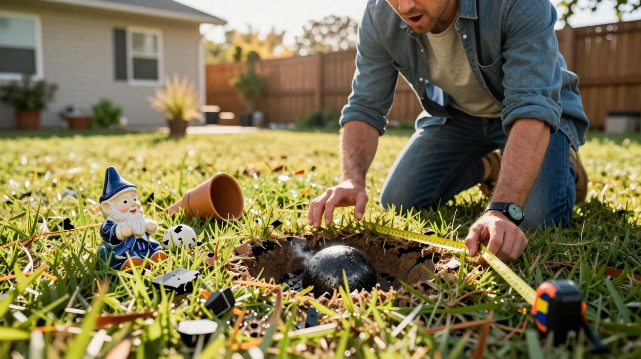 Homem mede buraco no gramado com bola de boliche enterrada, perto de um gnomo de jardim caído.