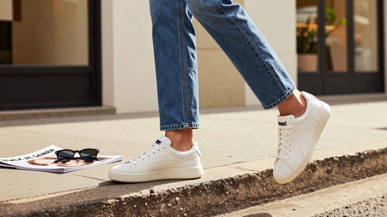 Pessoa usando tênis branco e calça jeans andando na calçada próxima a uma revista com óculos escuros.