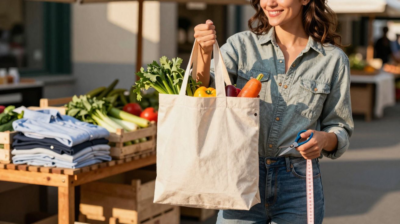 Mulher sorrindo segurando sacola ecológica com vegetais frescos em mercado ao ar livre.