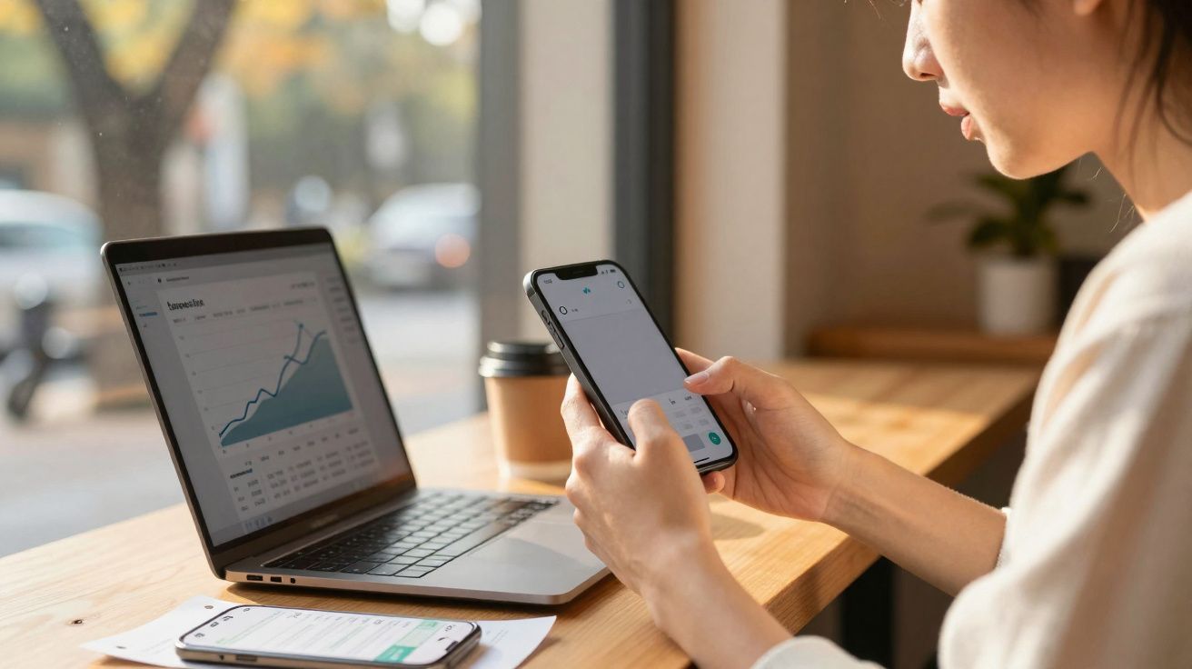 Pessoa usando celular e notebook com gráfico de crescimento em mesa de madeira, em ambiente claro.