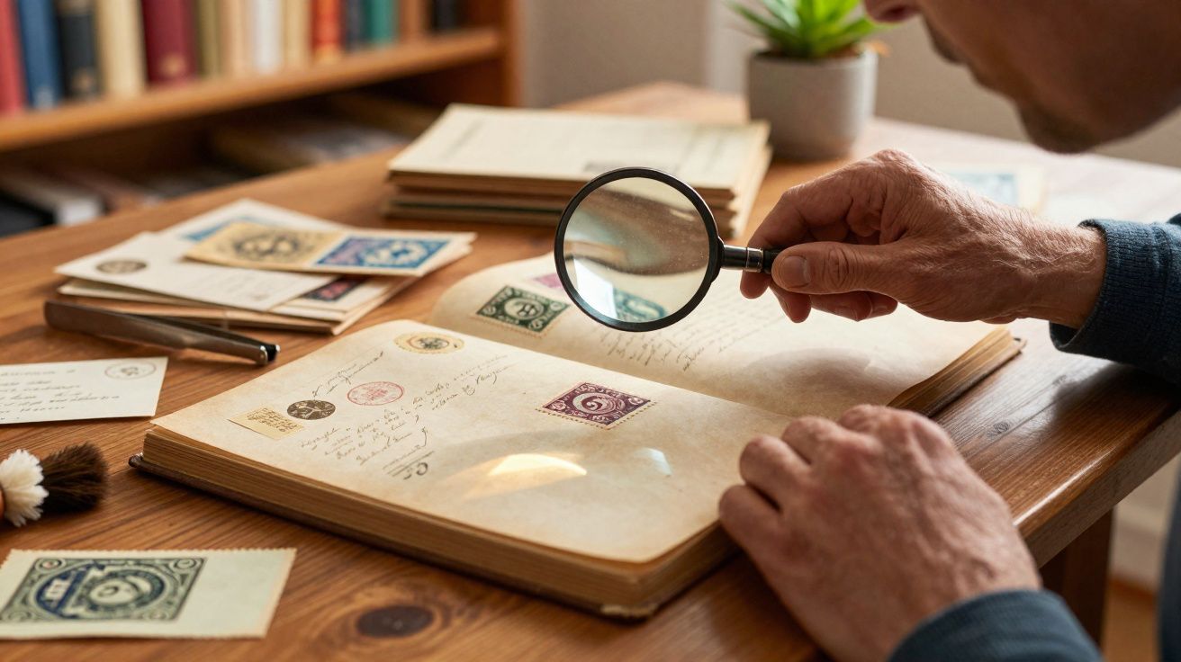 Pessoa usando lupa para examinar selo antigo em álbum sobre mesa de madeira com caneta e cartões.