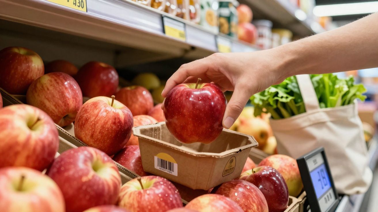 Pessoa pegando maçã vermelha em caixa de papel no supermercado com maçãs e vegetais ao fundo.