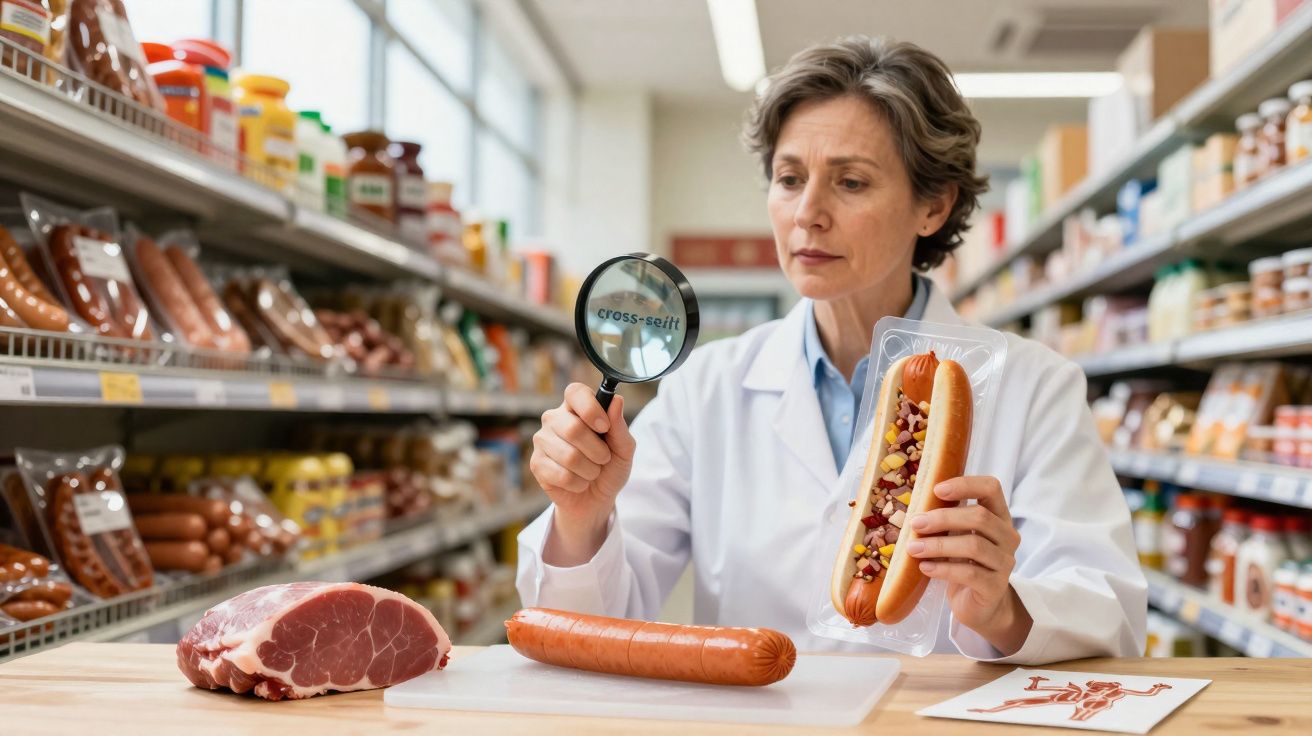 Mulher em jaleco branco inspeciona salsicha com lupa em supermercado, mesa com carnes à frente.