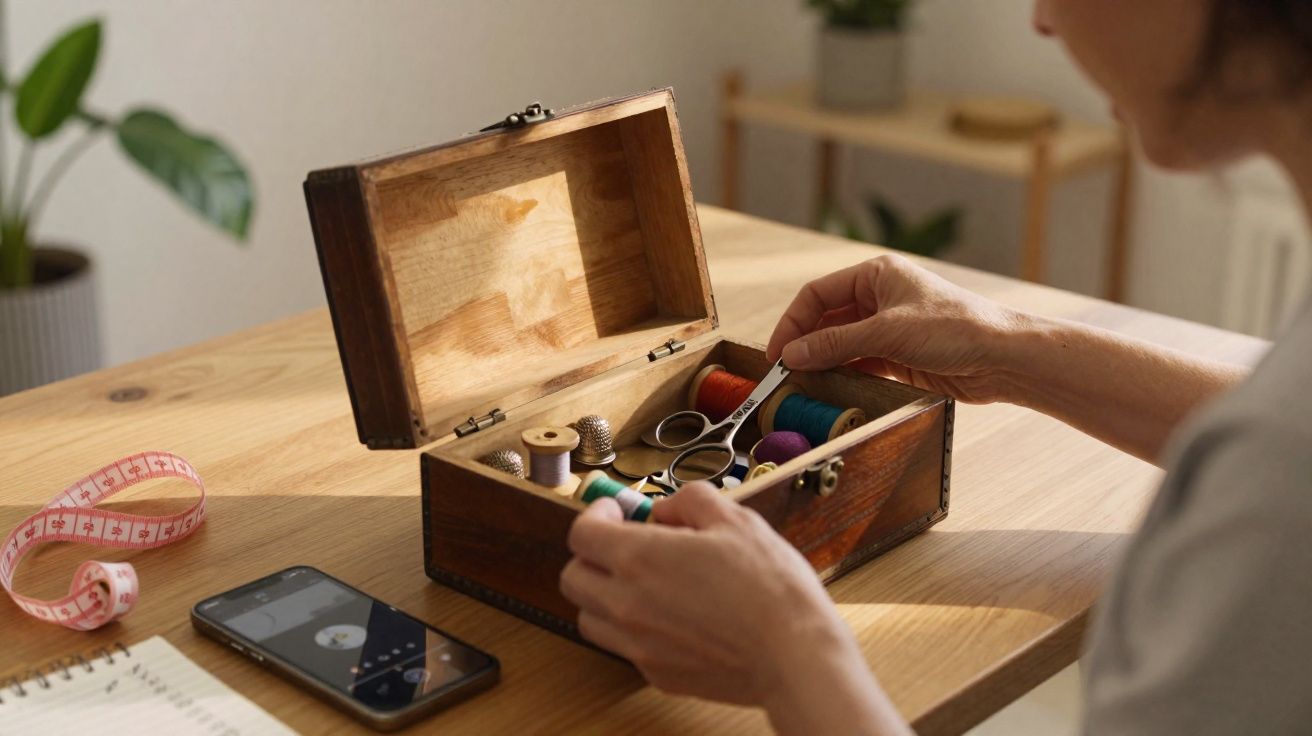 Pessoa segurando tesoura em caixa de costura com linhas, junto a celular, fita métrica e caderno em mesa de madeira.