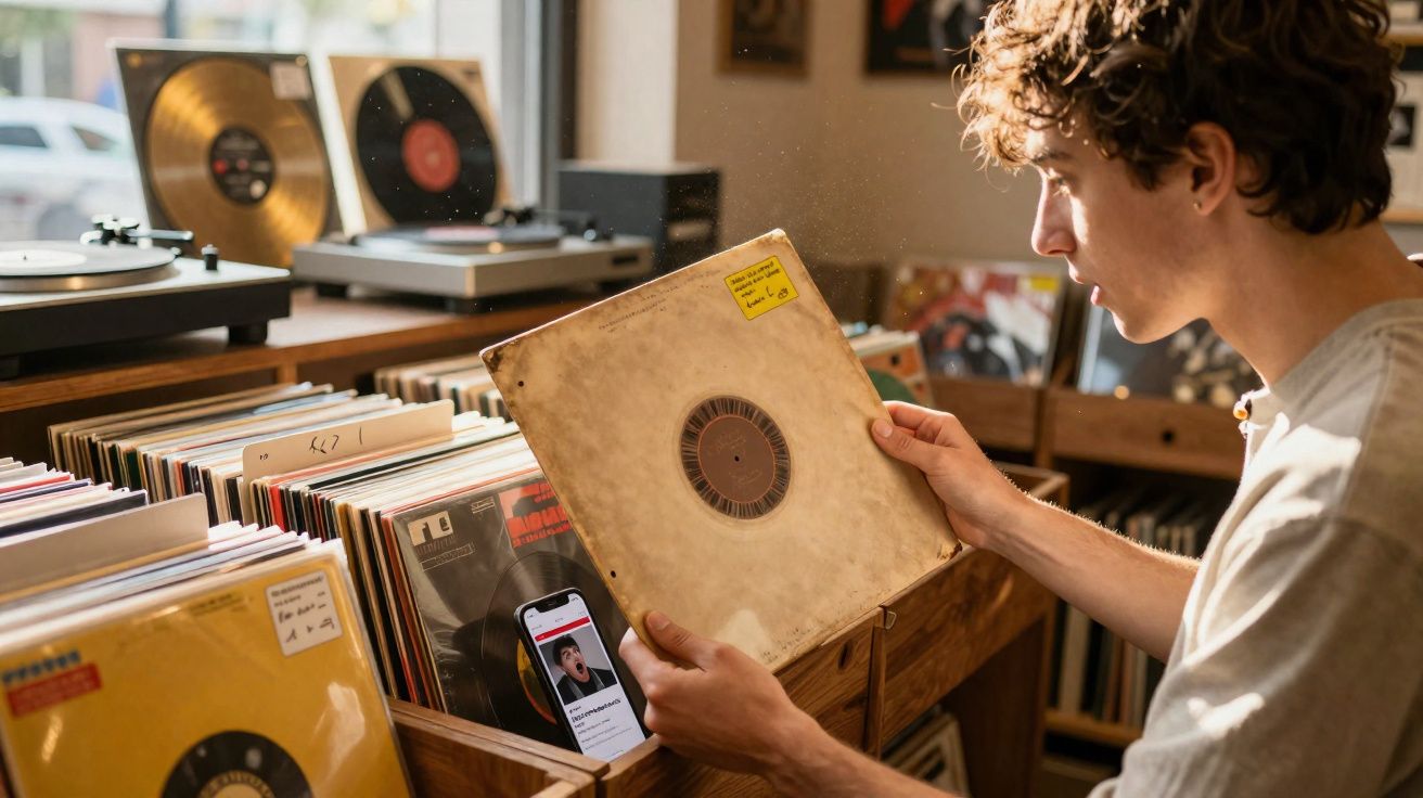 Jovem examinando capa de vinil em loja, com vários discos organizados em caixas de madeira.