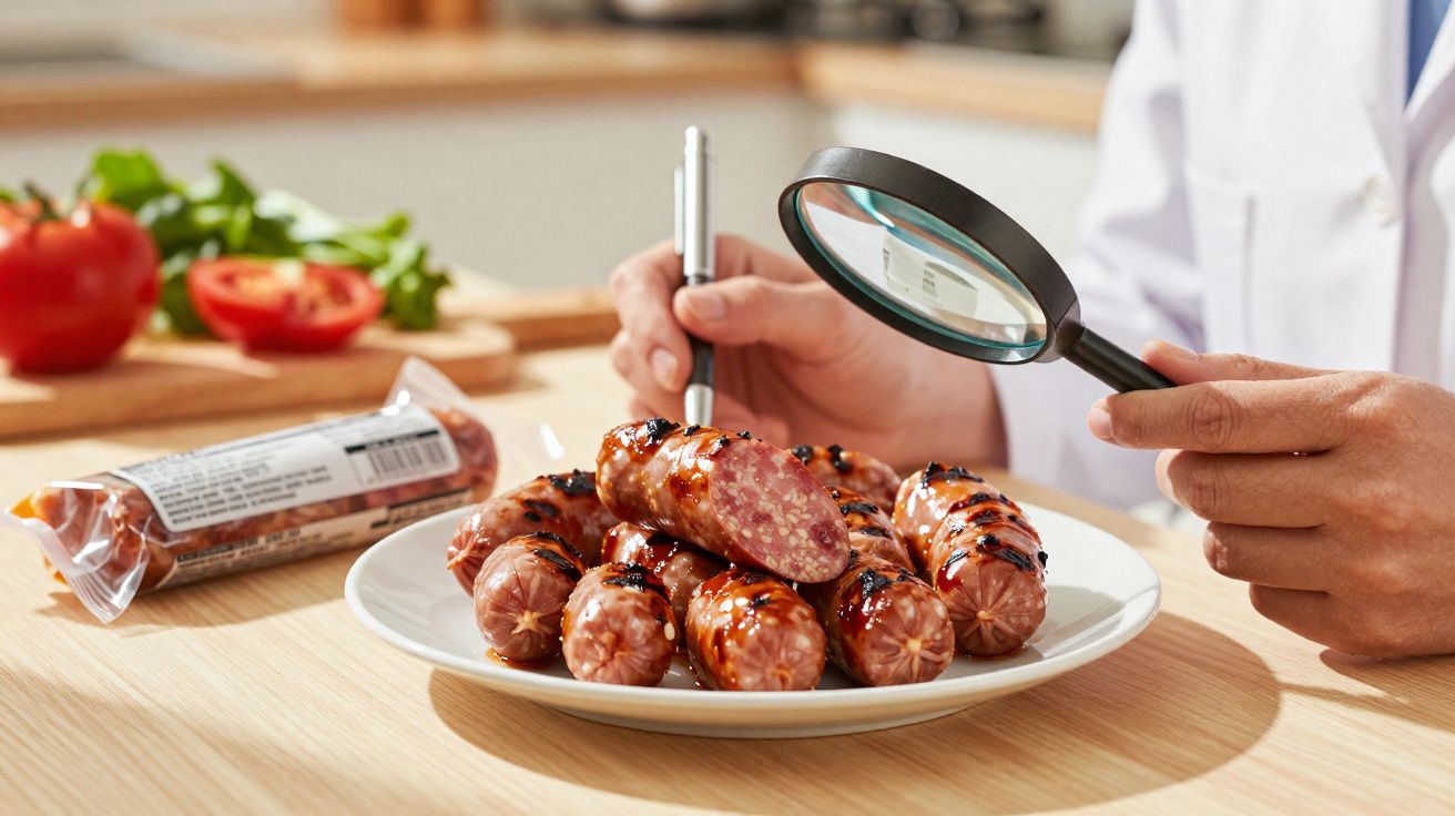 Pessoa em jaleco examinando salsichas grelhadas em prato branco com lupa em cozinha.