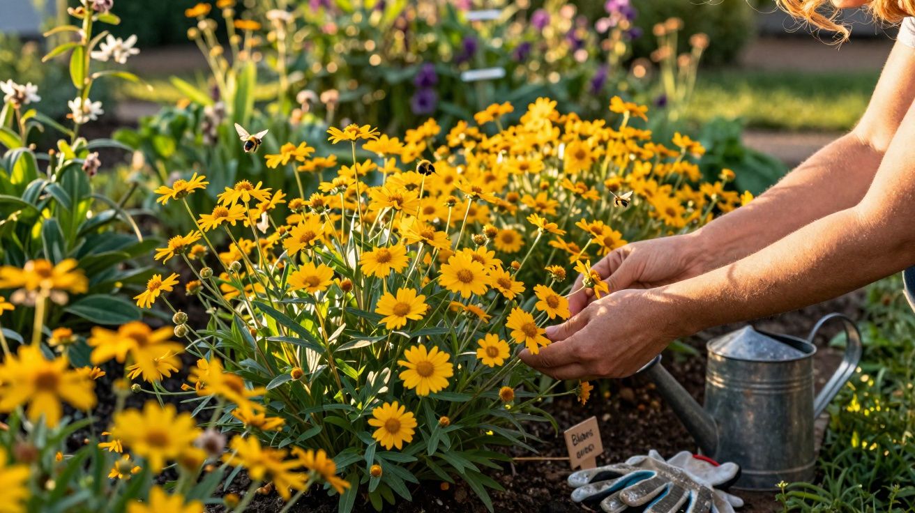 Pessoa cuidando de flores amarelas em um jardim com regador e luvas ao lado.