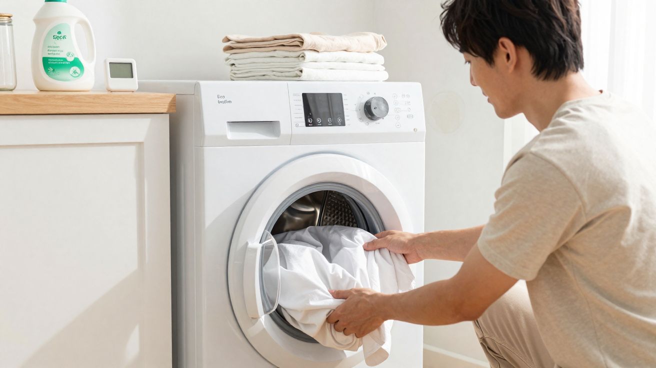 Pessoa colocando roupas brancas na máquina de lavar roupas branca, com frasco de sabão e toalhas ao lado.