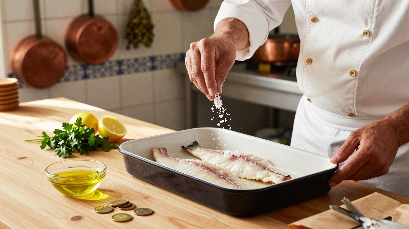 Pessoa temperando dois peixes em assadeira com sal, azeite, limão e salsa sobre mesa de madeira.