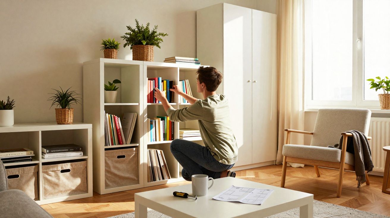 Pessoa organizando livros em estante branca em sala de estar iluminada com plantas e móveis claros.