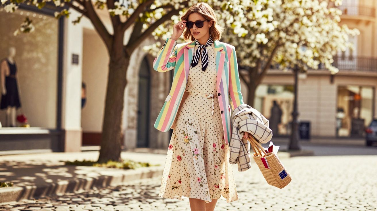 Mulher caminhando na rua com vestido floral, blazer listrado colorido e óculos escuros, segurando bolsa de palha.
