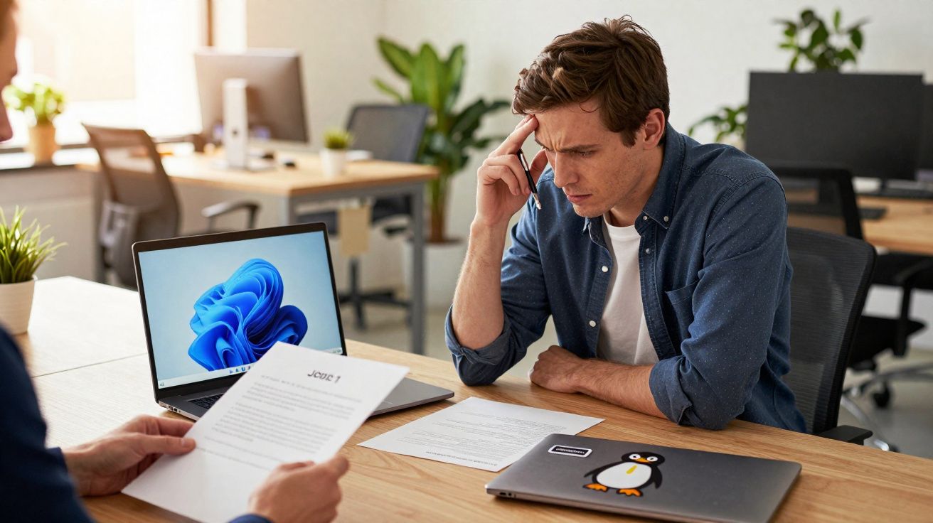Homem preocupado analisando documento durante reunião em escritório moderno com laptop à frente.