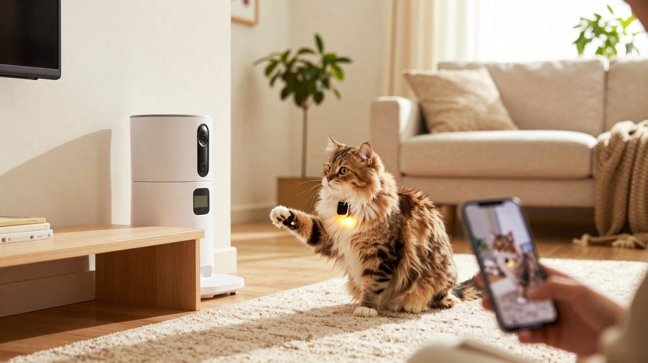 Gato felino marrom com coleira iluminada brinca em sala enquanto pessoa usa smartphone para filmar.