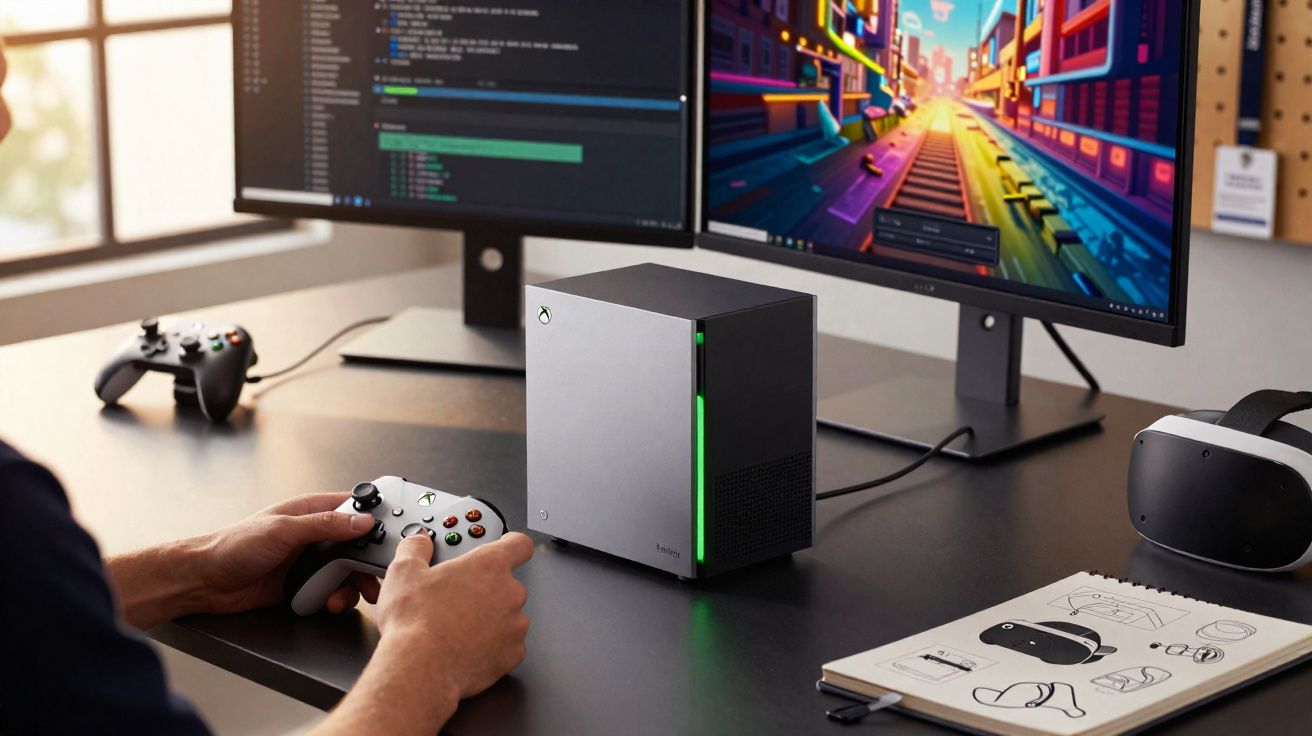 Pessoa segurando controle de Xbox com Xbox Series X e dois monitores em mesa de escritório moderna.