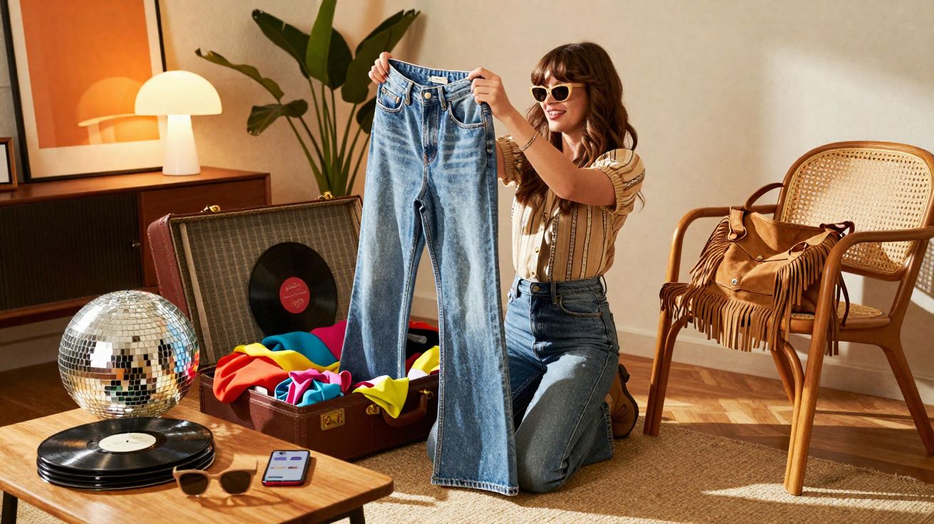 Mulher de óculos segurando calça jeans azul em sala com vitrola, disco e cadeira de madeira.