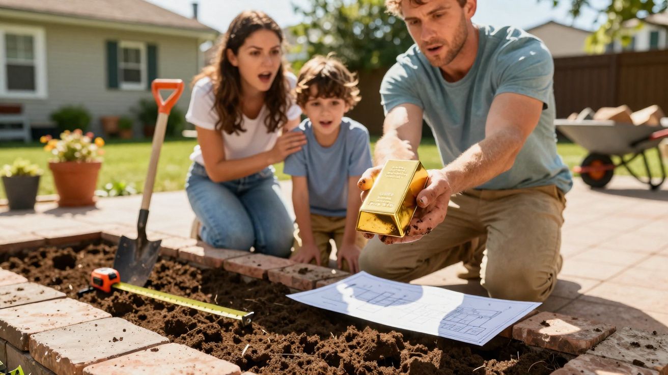 Homem segurando barra de ouro enquanto mulher e criança observam em jardim com terra e ferramentas.