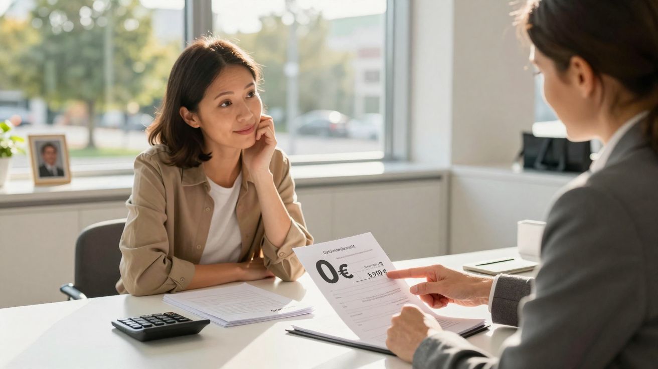 Duas mulheres em uma reunião de trabalho, uma delas segurando um documento e apontando para ele.