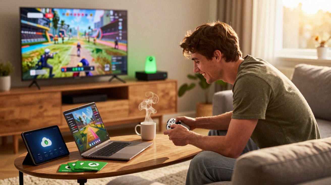 Jovem jogando videogame em sala com TV, laptop, tablet e caneca sobre mesa de madeira.