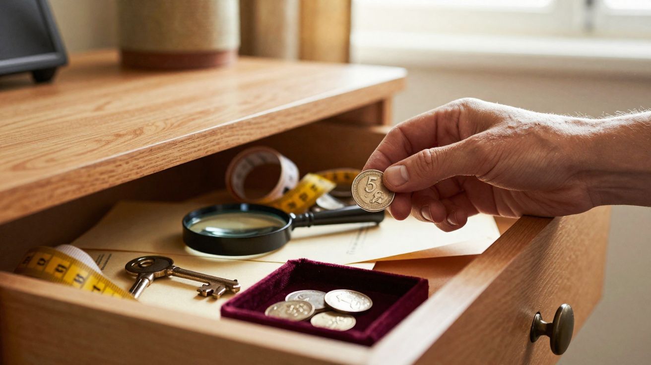 Mão segurando moeda cinco centavos sobre gaveta aberta com moedas, chave, fita métrica e lupa.