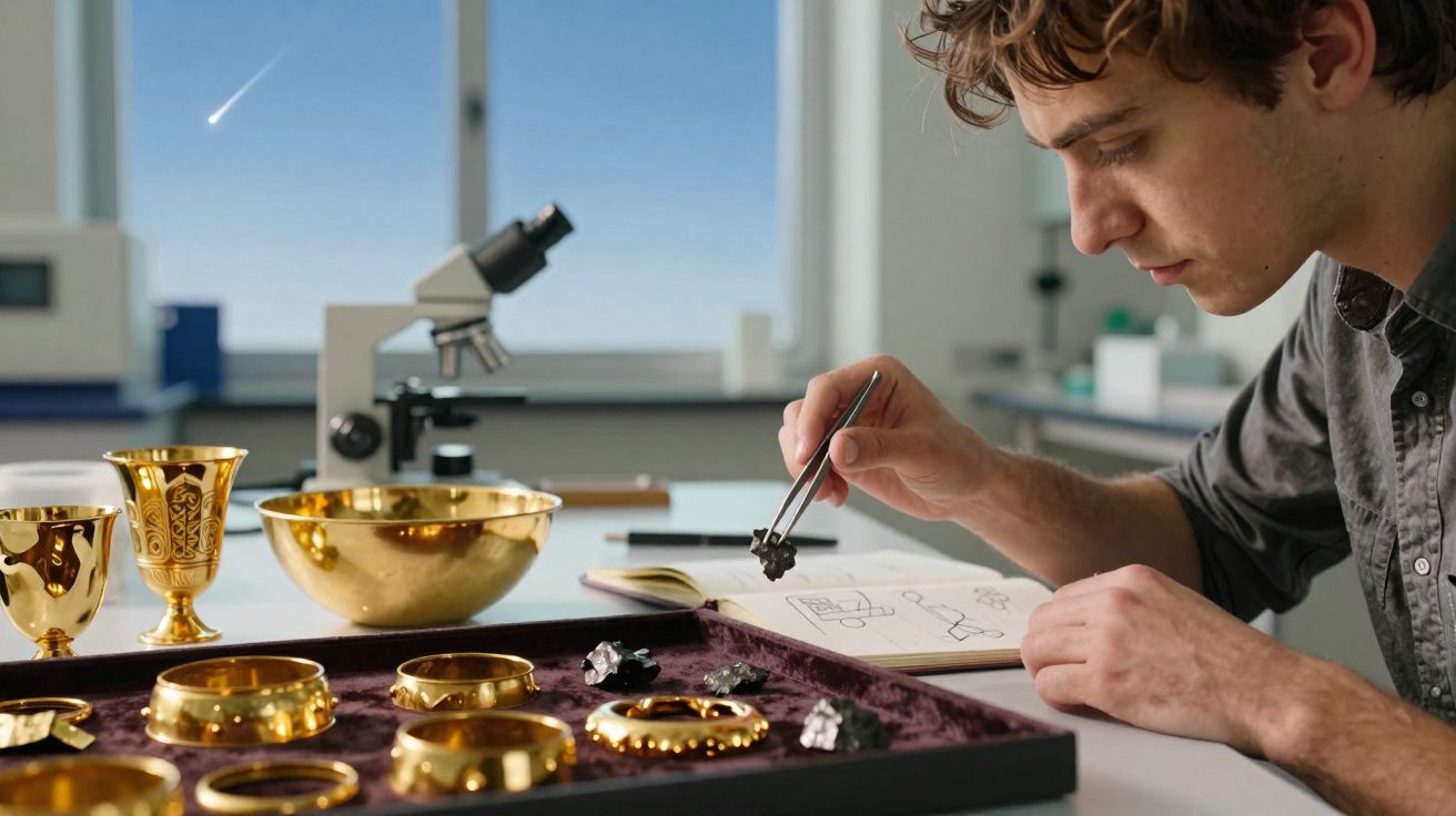 Jovem analisando artefatos dourados com pinça em laboratório, com microscópio e caderno de desenhos ao fundo.