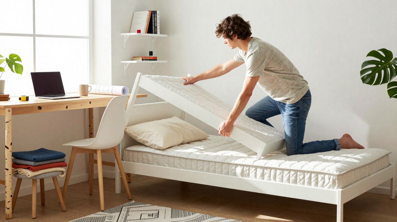 Homem arrumando cama com colchão dobrável em quarto claro com mesa e cadeira ao lado.