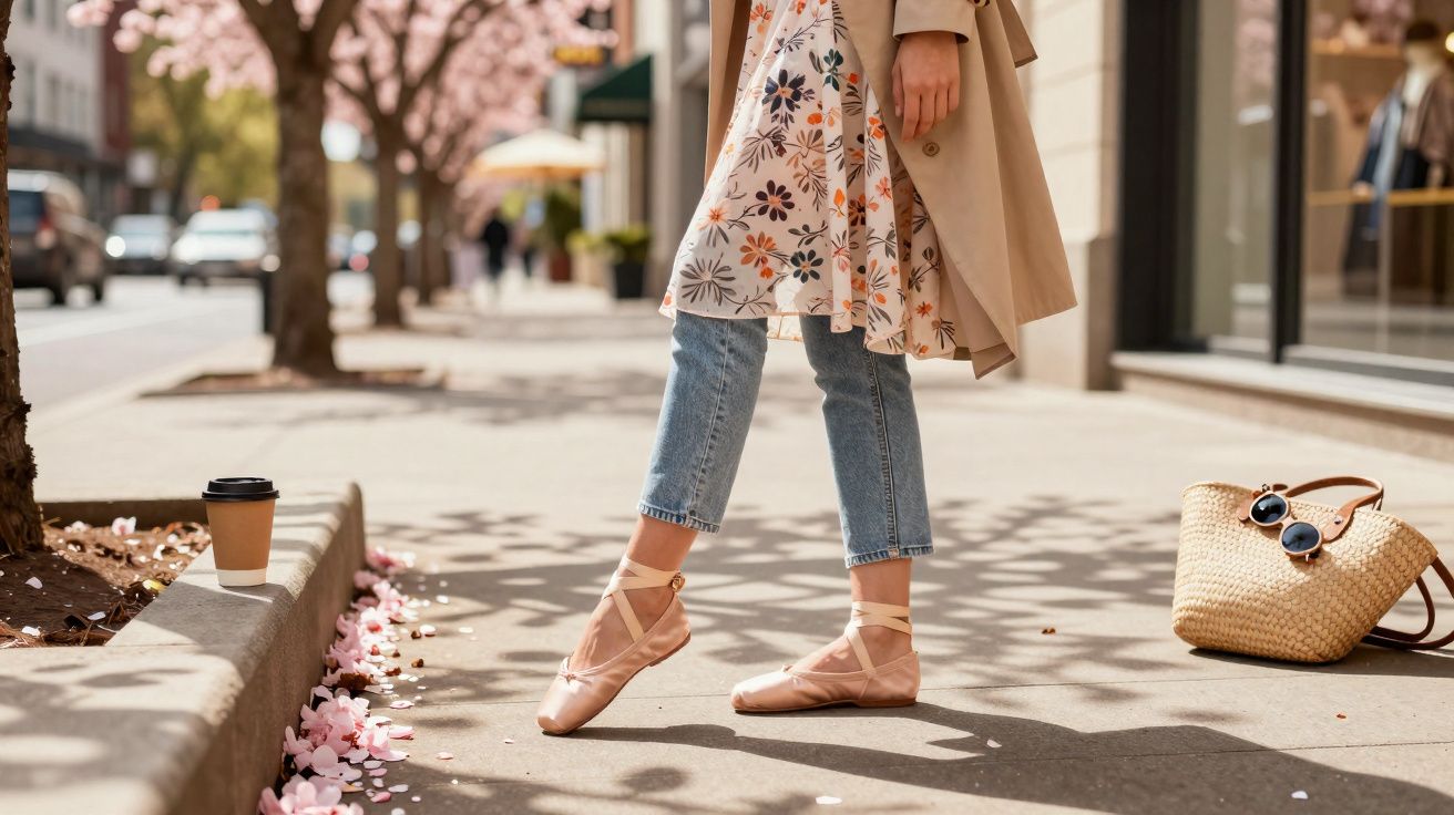 Pessoa usando sapatilhas de balé e vestido floral com jeans, em calçada urbana com flores caídas ao redor.