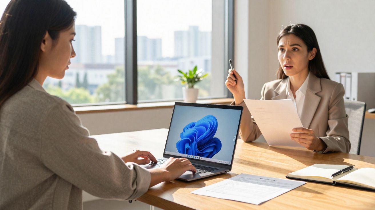 Duas mulheres em reunião de negócios, uma com laptop e outra segurando documentos conversando em escritório iluminado.