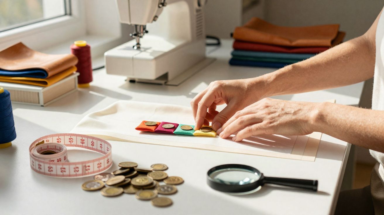Mãos organizando botões coloridos sobre tecido branco em mesa com máquina de costura e moedas.