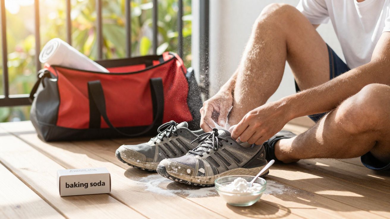 Pessoa brilhando tênis sujos com bicarbonato de sódio na varanda, próxima a uma bolsa de ginástica vermelha.